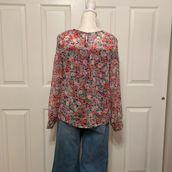 Ann Taylor Blouse Women’s Small Pink Orange Black Babydoll Sheer Floral Overlay - Picture 3 of 10